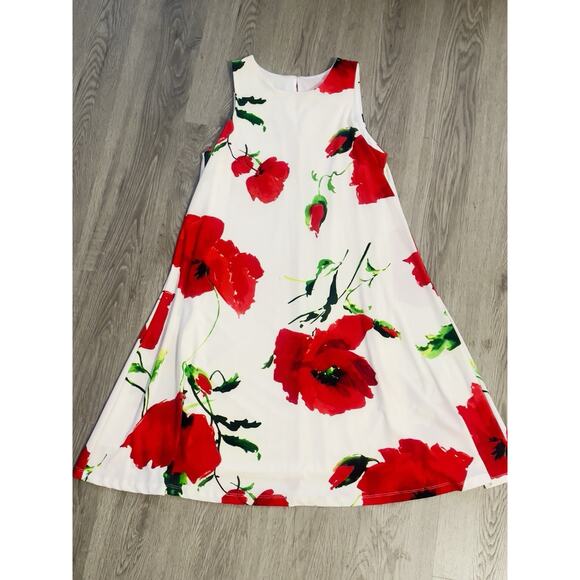 Anne Klein Dresses & Skirts - Anne Klein Sleeveless Dress White Red Poppy Floral Keyhole Back Midi Size 4
